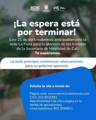 La sede La Flora est&aacute; nuevamente habilitada para atender todos los tr&aacute;mites de la Secretar&iacute;a de Movilidad de Cali.