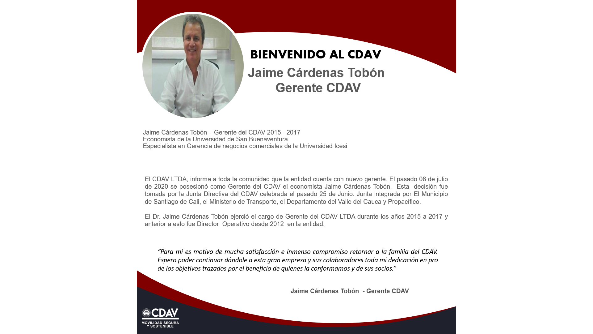 Bienvenido Gerente Jaime cárdenas 